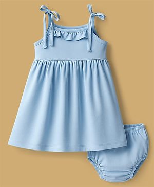Babyhug Single Jersey Knit Sleeveless Solid Frock With Bloomer - Light Blue