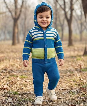 Babyhug Knit Full Sleeves Hooded Front Open Sweater Set with Stripes - Royal Blue