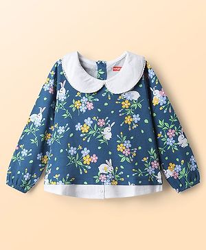 Babyhug 100% Cotton Knit Full Sleeves Peter Pan Collared Top with Floral Print - Navy  Blue
