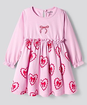Bonfino 100% Cotton Knit Full Sleeves Frock with Heart & Bow Print & Frill Detailing - Light Pink