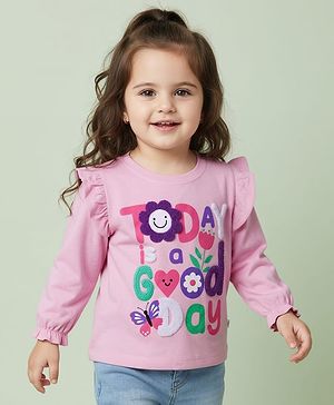 Babyhug 100% Cotton Knit Full Sleeves Top with Frill Text Print & Embroidery - Pink