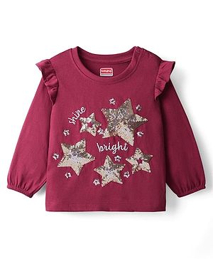 Babyhug 100% Cotton Full Sleeves Top with Frill Detailing & Sequin Embellished Star - Wine