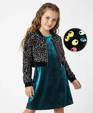 Hola Bonita Knit Full Sleeves Party
                              Wear Velvet Dress & Sequinned Jacket -
                              Teal Blue