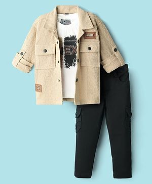 Dapper Dudes Full Sleeves Chevron Textured Shirt With Typography Printed Tee & Pant Set - Fawn