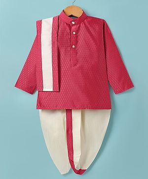 Dapper Dudes Full Sleeves Abstract Embroidered Kurta & Coordinating Dhoti With Angavastram Set - Tomato