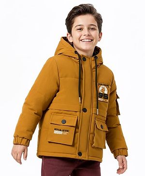 Pine Kids Woven Full Sleeves Hooded Padded Jacket With Text Print - Mustard