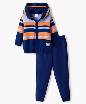 Babyhug Knit Full Sleeves Striped Hooded Front Open Sweater Set - Navy Blue