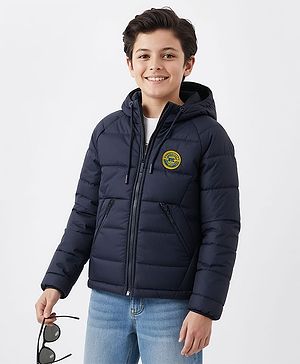 Pine Kids Woven Full Raglan Sleeves Solid Color Hooded Padded Jacket - Navy Blue