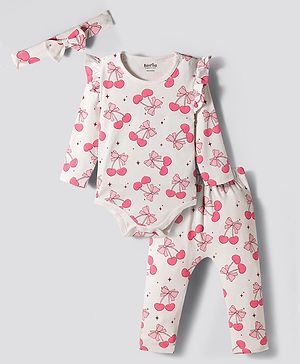 Bonfino 100% Cotton Full Sleeves Bow Printed Onesies With Diaper Leggings & Head Band - White