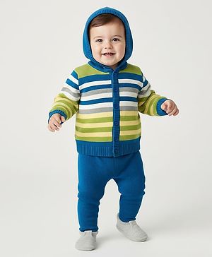 Babyhug Knitted Full Sleeves Striped Hooded Sweater Set - Blue & Green