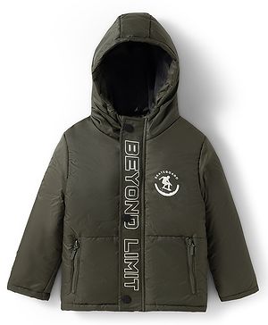 Pine Kids Woven Full Sleeves Hooded Padded Jacket With Skateboard Print - Dark Green