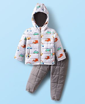 Babyhug Woven Full Sleeves Quilted Polyfill Hooded Heavy Winter Wear Suit Set With Polyfill Quilted Pant with Vehicle Print - White & Grey