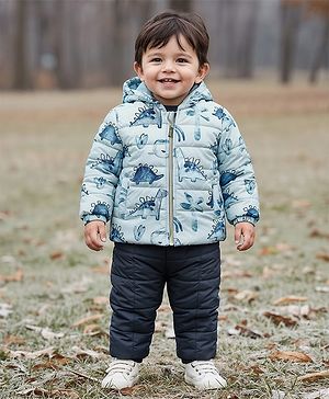 Babyhug Woven Full Sleeves Winter Wear Hooded Padded Jacket & Lounge Pant Set with Dino Print - Light & Navy Blue