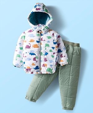 Babyhug Woven Full Sleeves Quilted Polyfill Hooded Heavy Winter Wear Suit Set With Polyfill Quilted Pant with Dino Print - White & Olive Green