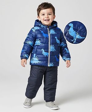 Babyhug Woven Full Sleeves Front Open Quilted Hooded Winter Wear Suit Set with Dino Print - Blue