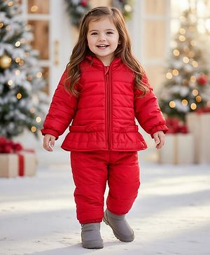 Babyhug Woven Full Sleeves Quilted Polyfill Hooded Heavy Solid Winter Wear Suit Set With Polyfill Quilted Pant - Red