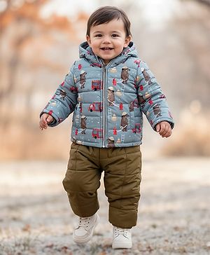 Babyhug Woven Full Sleeves Quilted Polyfill Hooded Heavy Winter Wear Suit Set With Polyfill Quilted Pant with Teddy Print - Grey & Olive Green