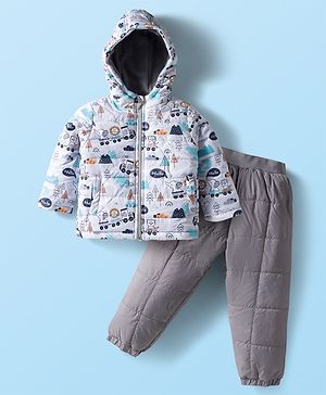 Babyhug Woven Full Sleeves Quilted Polyfill Hooded Heavy Winter Wear Suit Set With Polyfill Quilted Pant with Animal & Vehicle Print - Grey & White