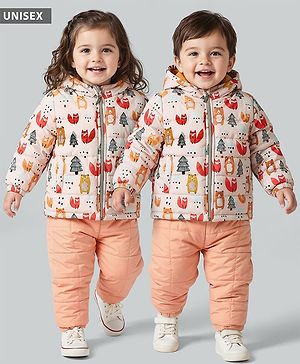 Babyhug Woven Full Sleeves Winter Wear Hooded Padded Jacket & Lounge Pant Set with Jungle Theme Print - Peach
