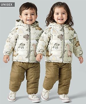 Babyhug Woven Full Sleeves Front Open Hooded Quilted Winter Wear Suit Set with Dino Print - Beige & Olive Green