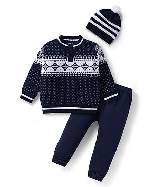 Babyhug Cotton Knit Full Sleeves Pullover Sweater Set with Cap & Aztec Design - Navy Blue