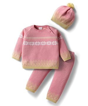 Babyhug Knit Full Raglan Sleeves Pullover Sweater Set with Cap & Aztec Design - Pink