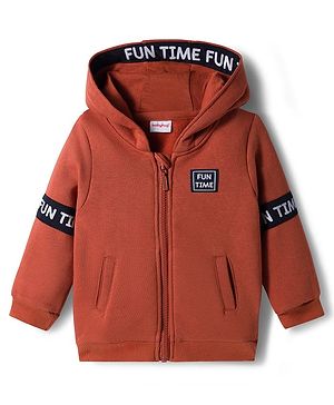 Babyhug Fleece Knit Full Sleeves Hooded Sweatjacket With Fun Time Patch & Kangaroo Pockets - Brown