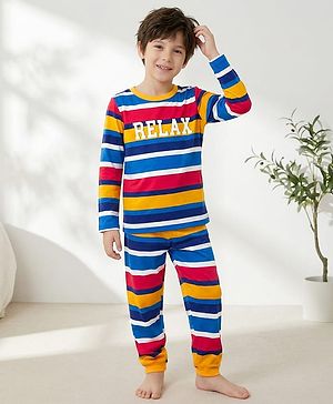 Pine Kids Cotton Knit Full Sleeves Co-ord Night Suit with Text Print - Multicolor