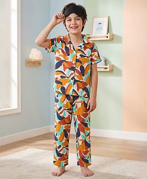 Pine Kids Cotton Knit Half Sleeves Co-Ord Night Suit With Abstract Print - White