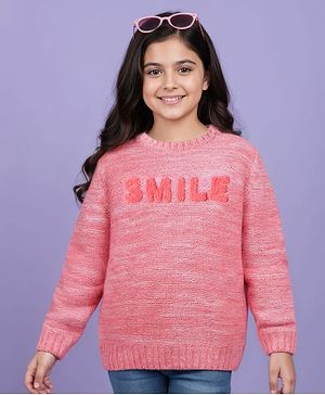 Pine Kids Knit Full Sleeves Pullover Sweater with Smile Embroidery - Pink