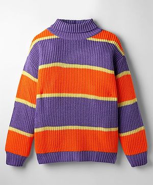 Pine Kids Knit Full Drop Shoulder Sleeves Turtle Neck Pullover Sweater with Color Block Design - Purple & Orange
