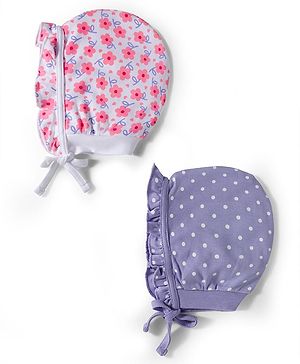 Babyhug 100% Cotton Bonnet Cap with Floral Print & Frill Detailing Pack of 2 Purple & Lilac - Diameter 16.50 cm