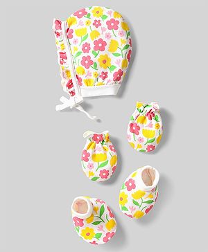 Babyhug 100% Cotton Knit Cap Mittens & Booties Set with Floral Print White - Circumference 29 cm