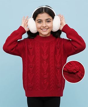 Pine Kids Knit Full Drop Shoulder Sleeves Turtle Neck Pullover Sweater with Cable Knit Design - Red