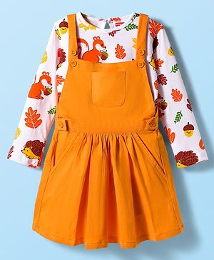 Babyhug Cotton Knit Full Sleeves Frock With Animal Printed Inner Tee - Orange & White