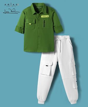 Arias Cotton Knit Full Sleeves Shirt & Jogger Set With Cargo Pockets - Green & Beige