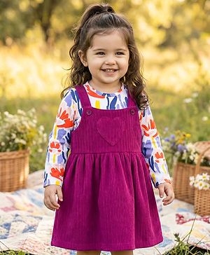 Babyhug Cotton Knit Full Sleeves Frock & Inner T-Shirt With Floral Print - Wine & White