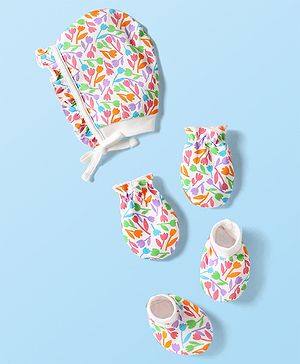 Babyhug 100% Cotton Knit Cap Mittens & Booties Set with Floral Print White - Circumference 29 cm