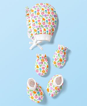 Babyhug 100% Cotton Knit Cap Mittens & Booties Set with Floral Print White - Circumference 32 cm