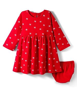 Bonfino 100% Cotton Knit Full Sleeves Frock With Bow Print & Bloomer - Red