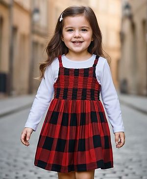 Babyhug Cotton Woven Checkered Frock with Full Sleeves Inner Tee - Red & White