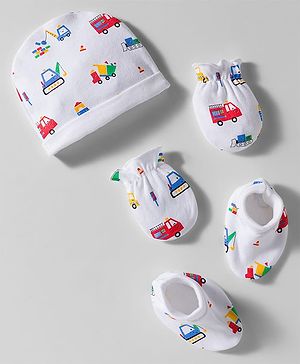 Babyhug 100% Cotton Interlock Knit Cap Mittens & Booties Set With Vehicle Print White - Diameter 9 cm