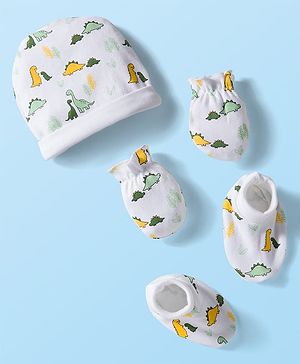 Babyhug 100% Cotton Cap Mittens & Booties Set With Dino Print White - Diameter 9 cm