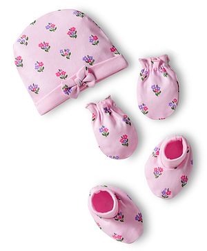 Babyhug 100% Cotton Interlock Knit Cap Mittens & Booties Set With Floral Print Pink - Diameter 9.5 cm