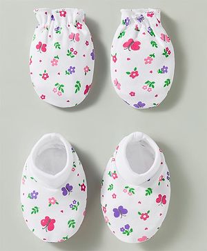 Babyhug 100% Knit Cotton Mittens & Booties Set With Floral Print - White