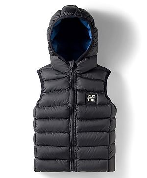 Babyhug Woven Sleeveless Solid Color Hooded Padded Jacket - Black