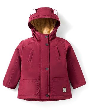 Babyhug Woven Full Sleeves Solid Color Hooded Winter Jacket With Ear Applique - Wine