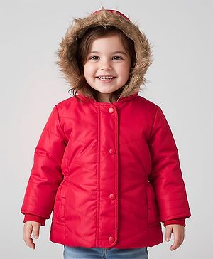 Babyhug Woven Full Sleeves Solid Hooded Padded Jacket - Red