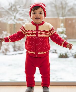 Babyhug Knit Full Sleeves Front Open Sweater Set with Fair Isle Design & Cap - Red