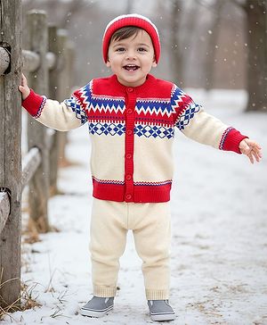 Babyhug Knit Full Sleeves Front Open Sweater Set with Fair Isle Design & Cap - Red White & Blue